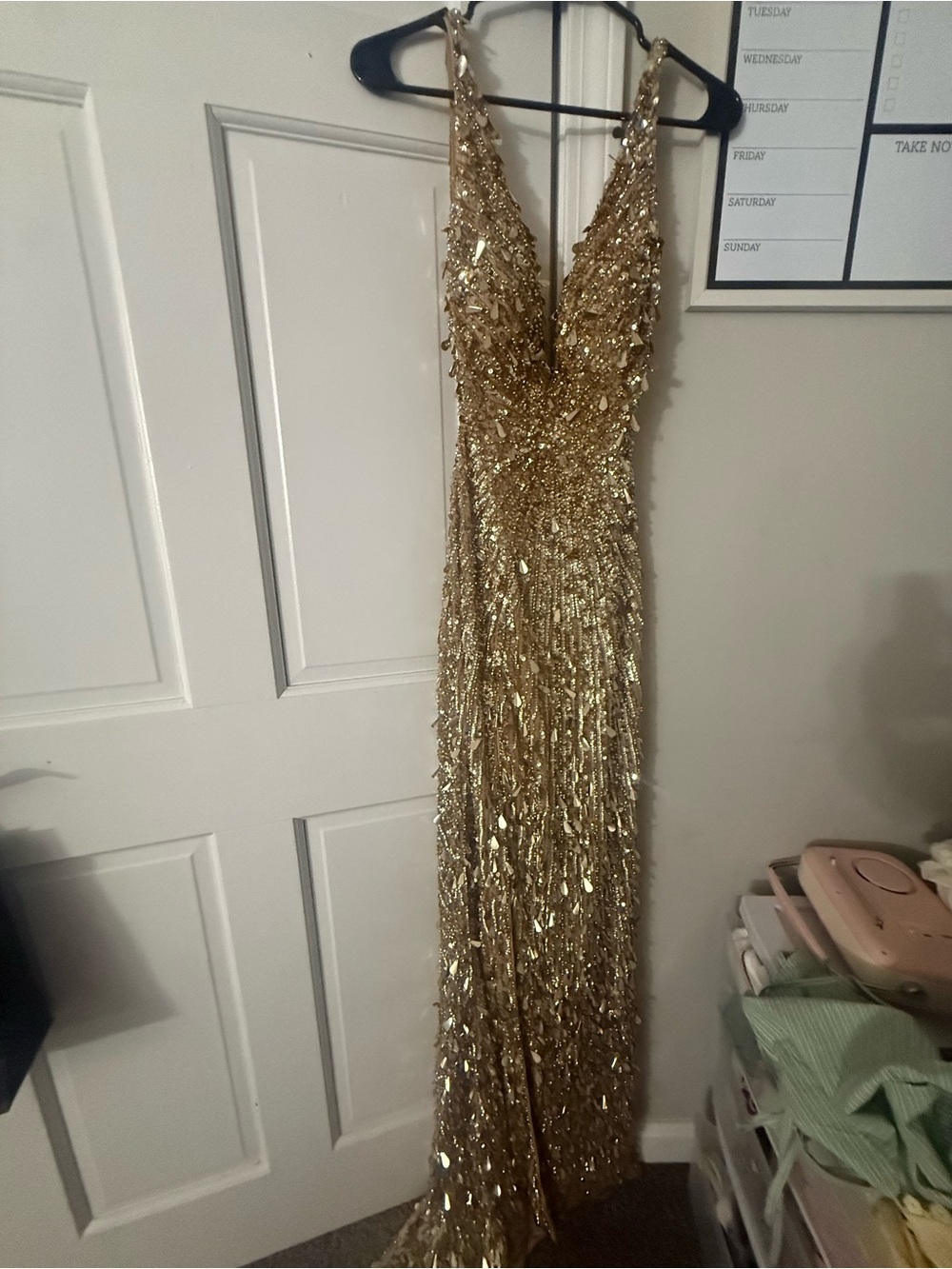 Gold Sequin Evening Gown with V-Neck - Picture 2 of 4